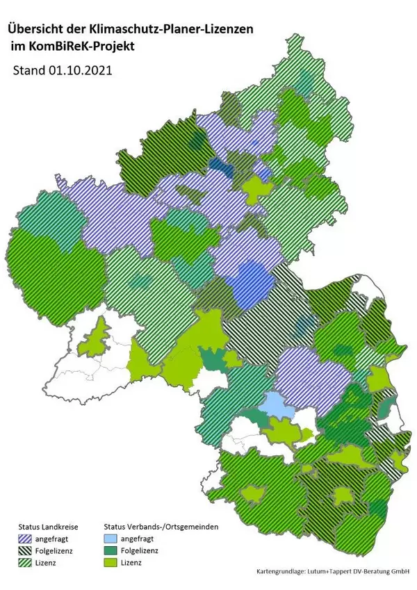 Rheinland-pfälzische Landkarte und Verteilung von Klimaschutz-Planer-Lizenzen im Land