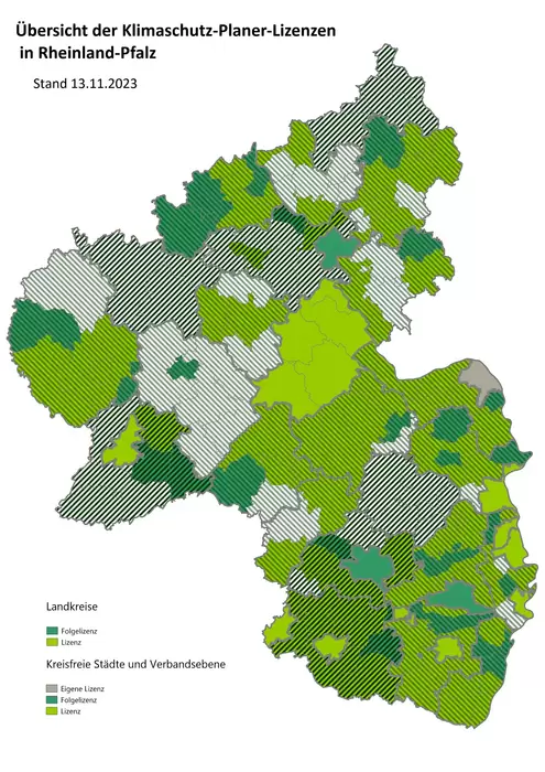 Karte von Rheinland-Pfalz mit Anzahl der Klimaschutzplaner-Lizenzen in Kommunen