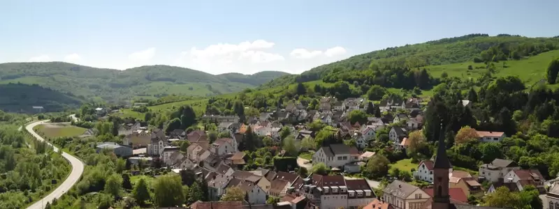 Blick auf die Kommune Wolfstein mit dem Pfälzer Wald im Hintergrund