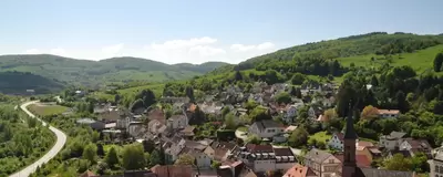 Blick auf die Kommune Wolfstein mit dem Pfälzer Wald im Hintergrund