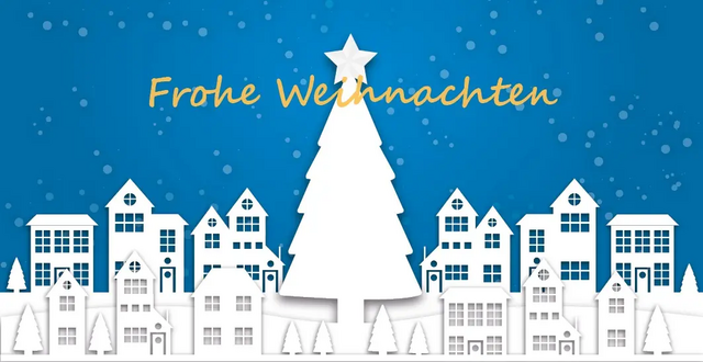 Winterlandschaft in weiß mit Text: Frohe Weihnachten