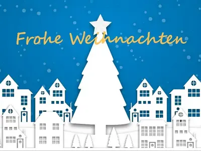 Winterlandschaft in weiß mit Text: Frohe Weihnachten