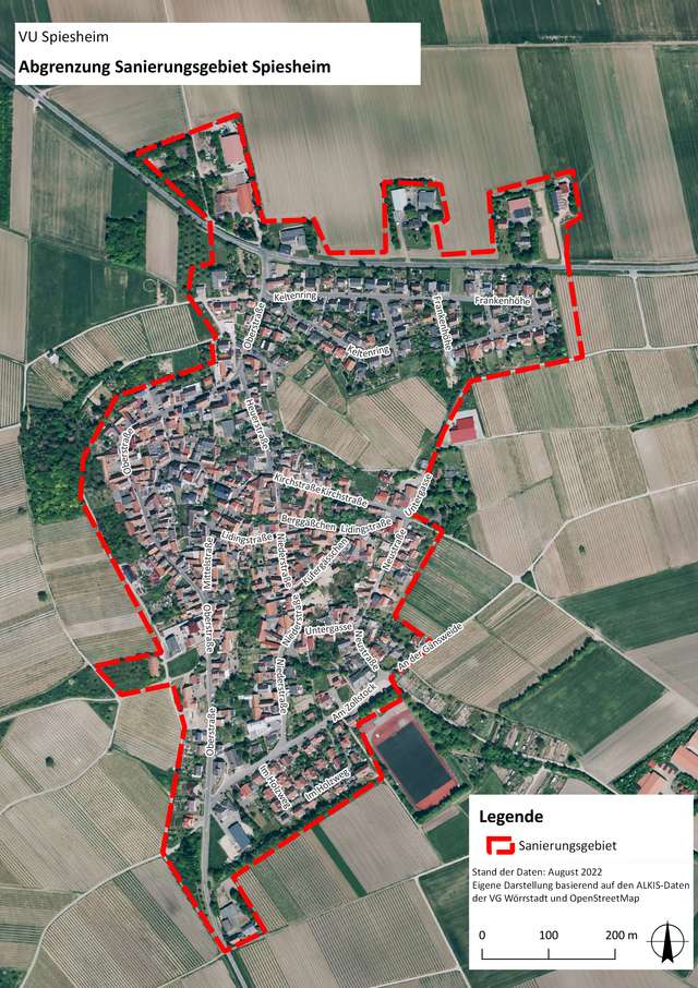 Karte, in der das Sanierungsgebiet in Spiesheim gekennzeichnet ist