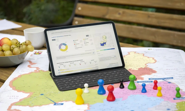 Laptop mit Diagrammen auf dem Bildschirm steht auf einer Rheinland-Pfalz Karte